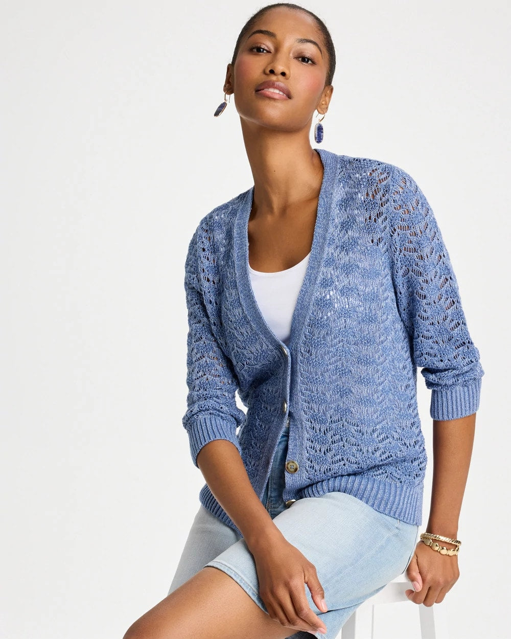 Chico's Exclusive - Crochet Knit Pointelle Cardigan Denim