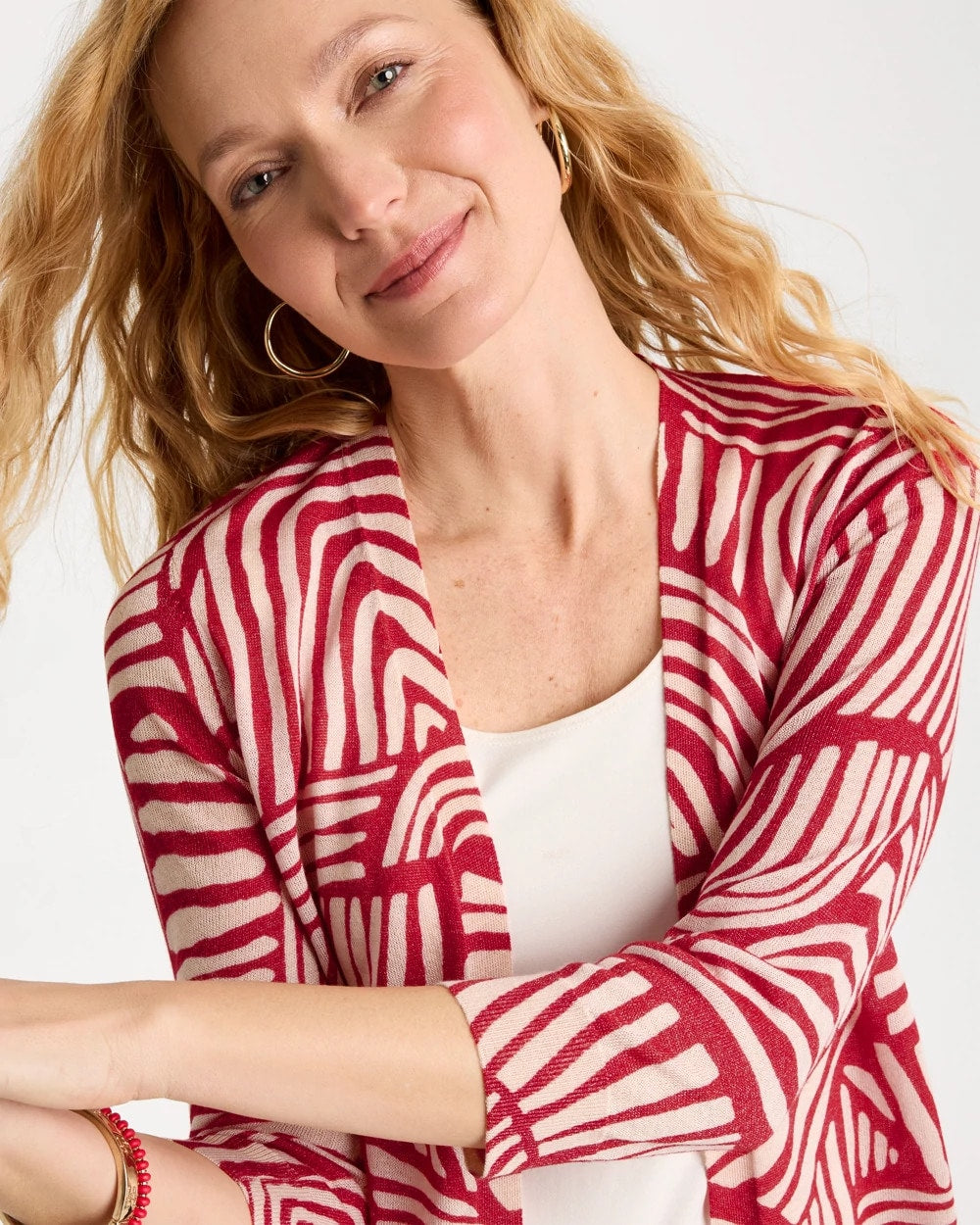 Chico's Signature - Geo Summer Romance Cardigan Cherry Lush