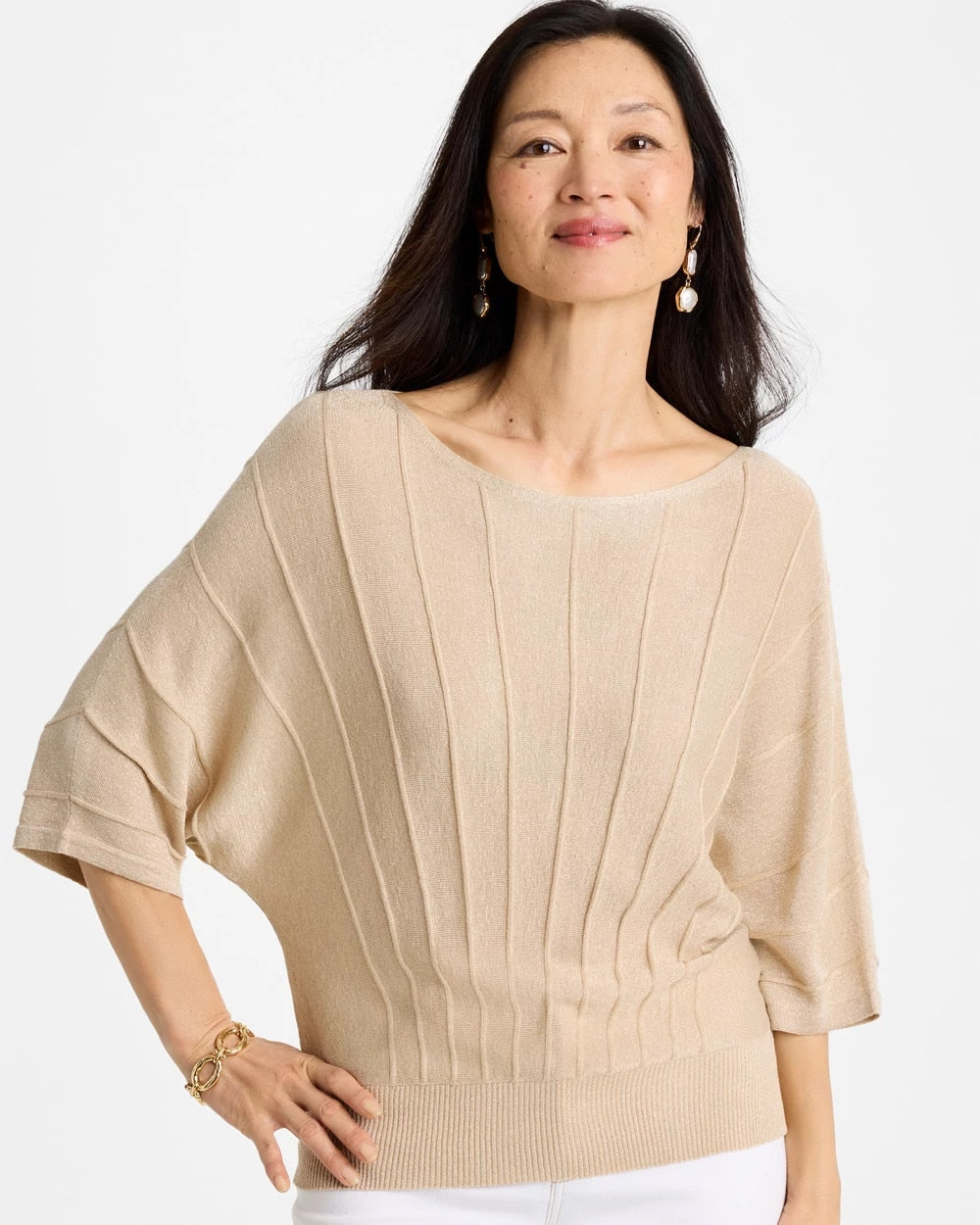Chico's Essential - Metallic Pleated Dolman Pullover Sweater Ecru