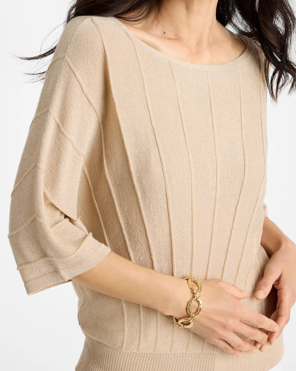 Chico's Essential - Metallic Pleated Dolman Pullover Sweater Ecru