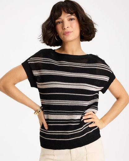 Chico's Sale - Striped Mesh Stitch Pullover Sweater Black