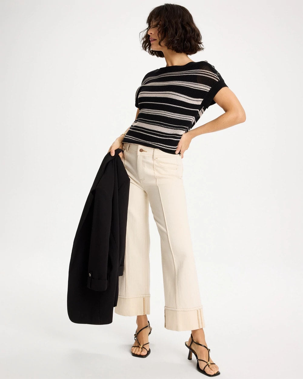 Chico's Sale - Striped Mesh Stitch Pullover Sweater Black