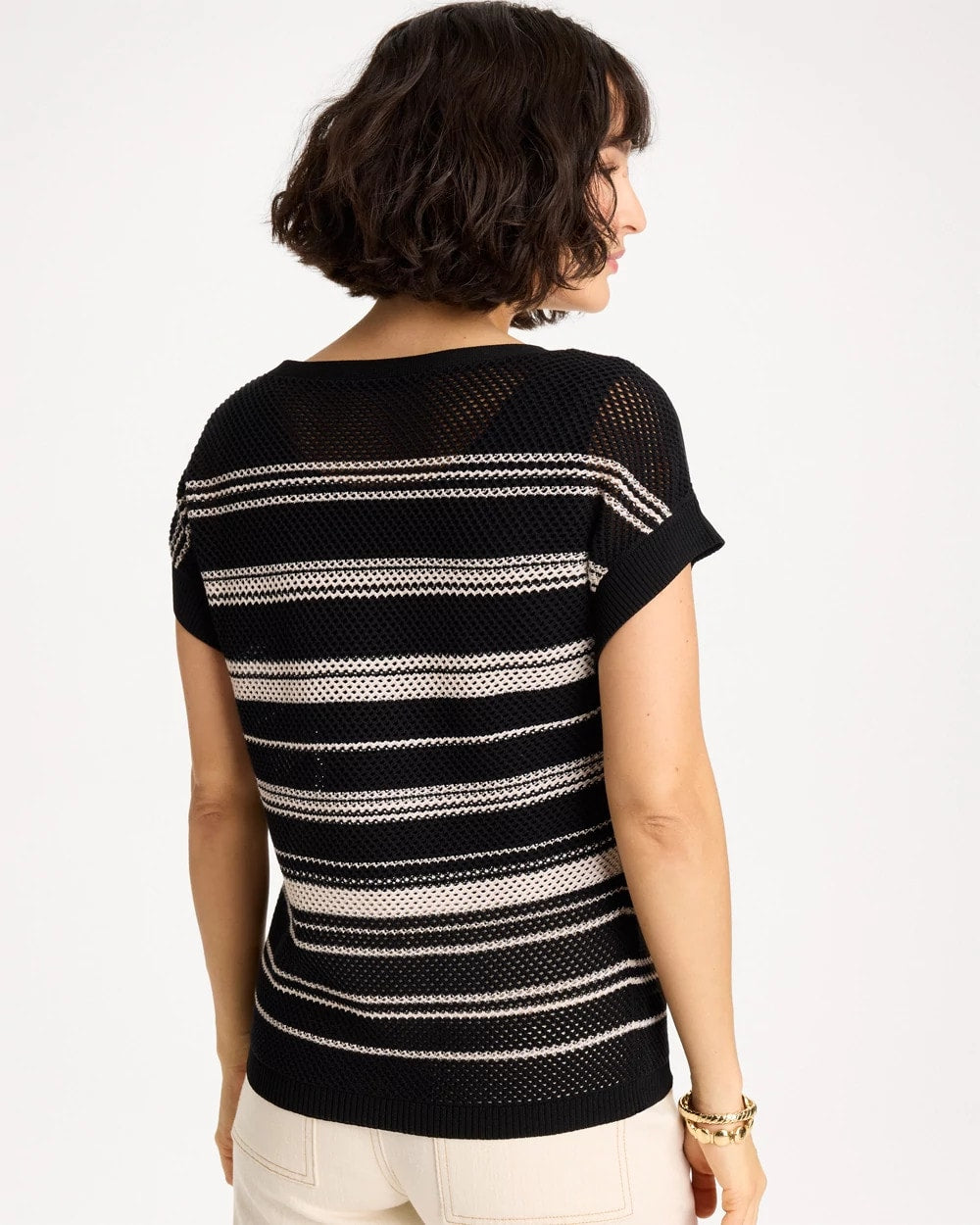 Chico's Sale - Striped Mesh Stitch Pullover Sweater Black