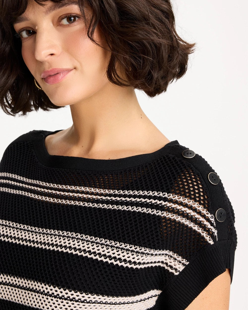 Chico's Sale - Striped Mesh Stitch Pullover Sweater Black