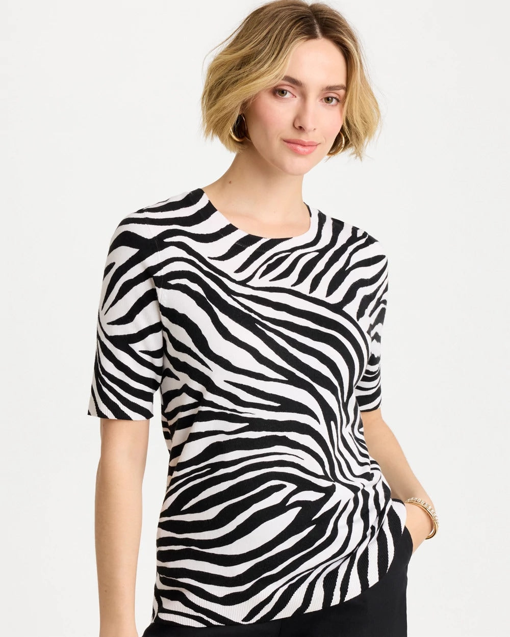 Chico's Hot Sale - Ella Zebra Crewneck Pullover Sweater Black