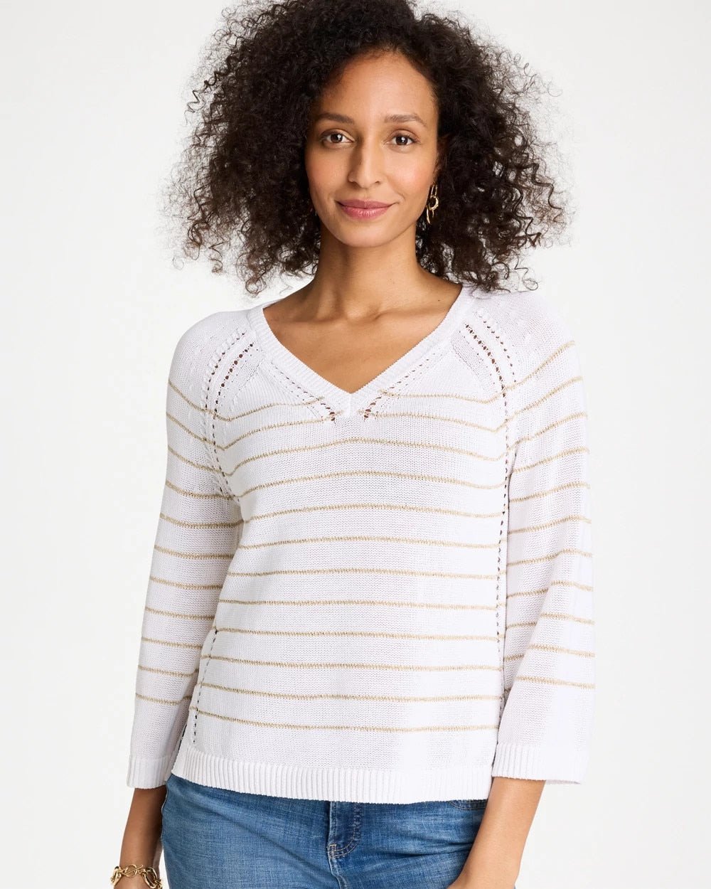 Chico's Trending - Metallic Striped Pullover Sweater Alabaster