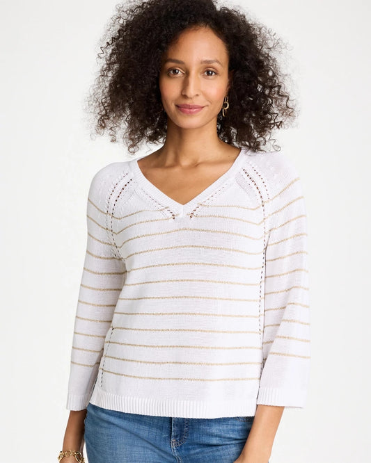 Chico's Trending - Metallic Striped Pullover Sweater Alabaster