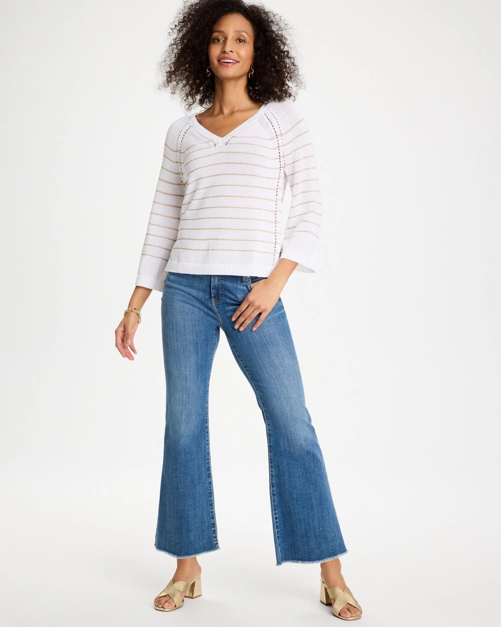 Chico's Trending - Metallic Striped Pullover Sweater Alabaster