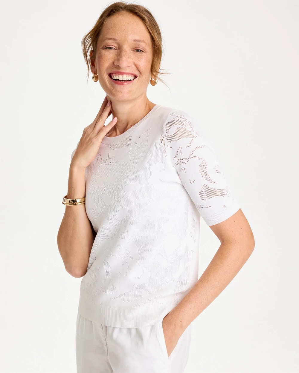 Chico's Hot Sale - Ella Short-Sleeve Pointelle Sweater Alabaster
