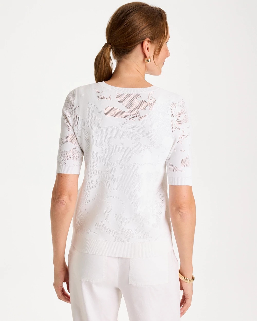 Chico's Hot Sale - Ella Short-Sleeve Pointelle Sweater Alabaster