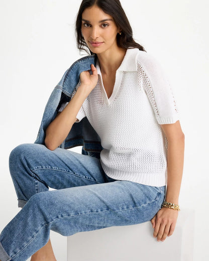 Chico's Great Value - Sequin Pointelle Pullover Polo Sweater Alabaster