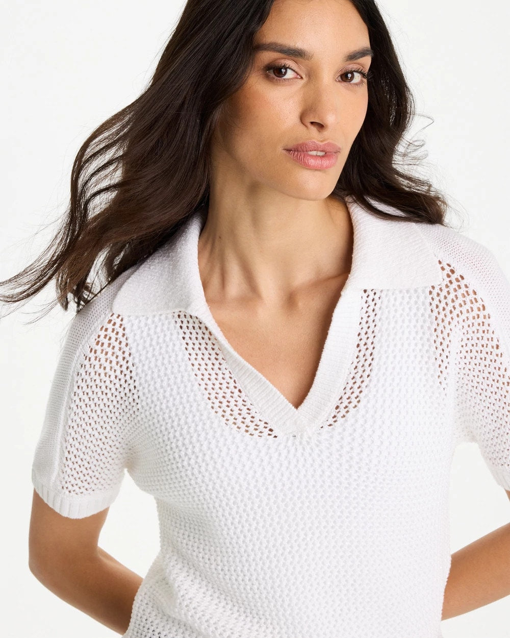 Chico's Great Value - Sequin Pointelle Pullover Polo Sweater Alabaster