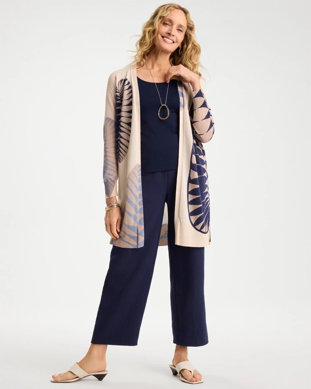 Chico's Popular - Long Leaf Print Summer Romance Cardigan Ecru