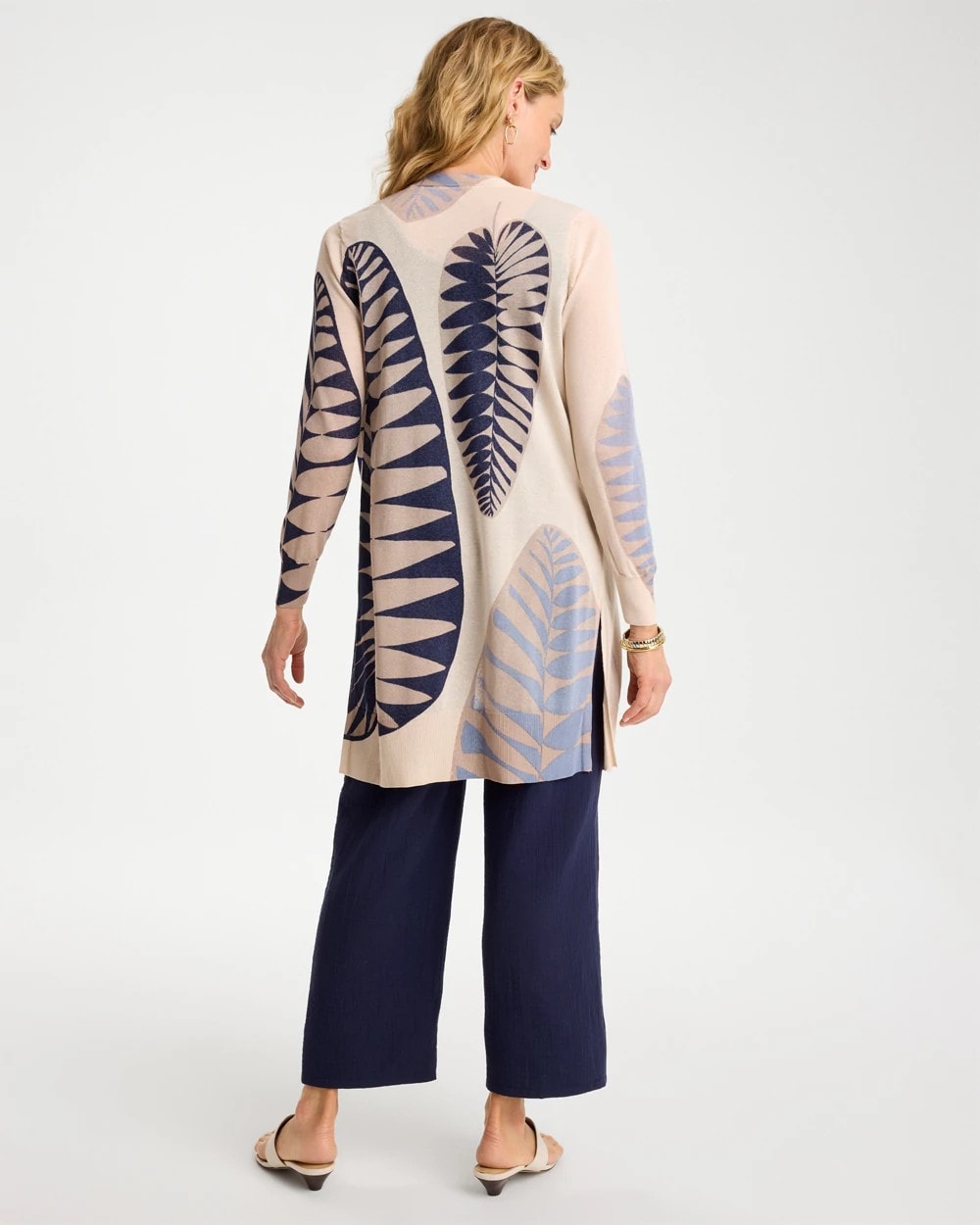 Chico's Popular - Long Leaf Print Summer Romance Cardigan Ecru