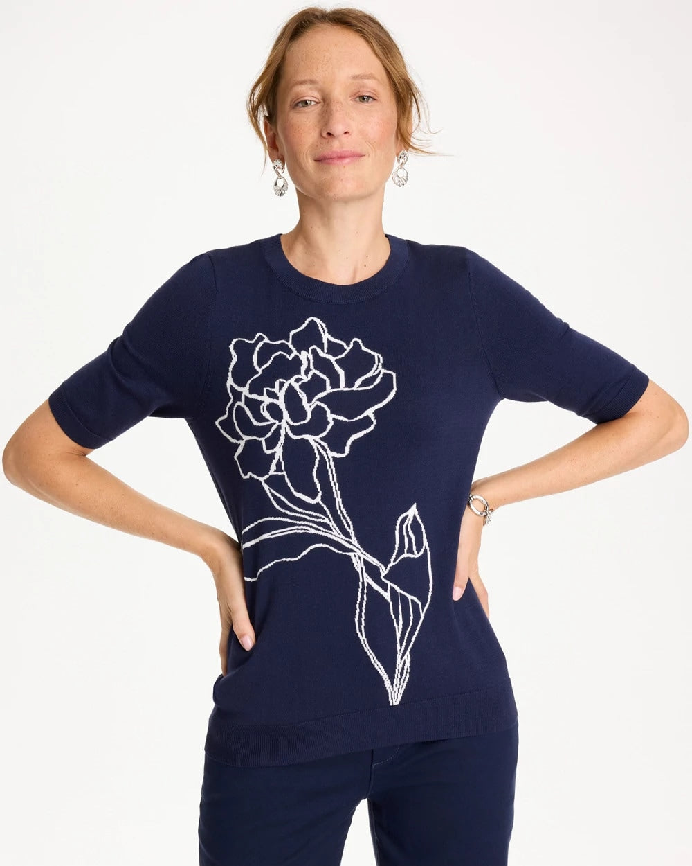 Chico's Hot Sale - Ella Short-Sleeve Floral Sweater Passport Blue