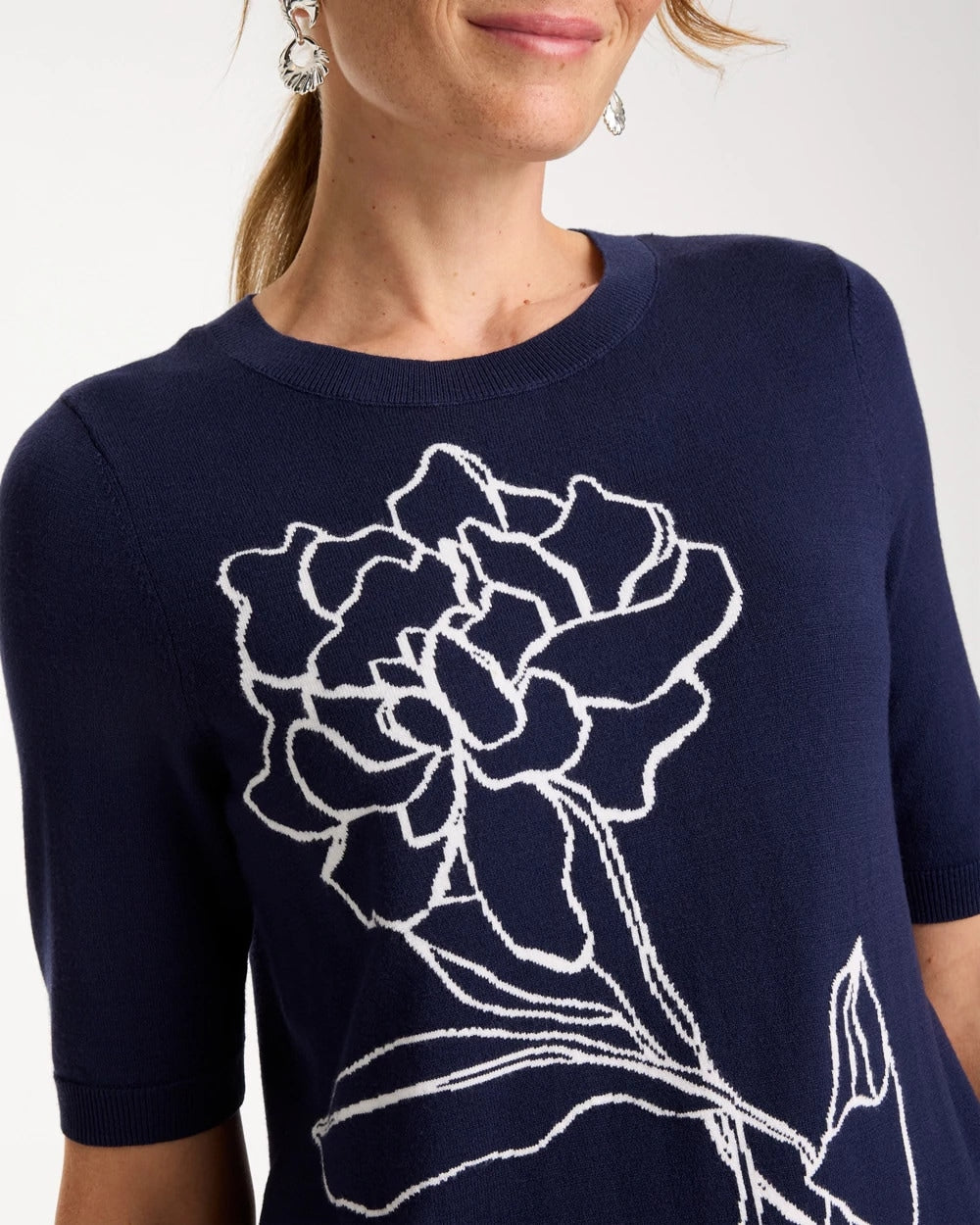 Chico's Hot Sale - Ella Short-Sleeve Floral Sweater Passport Blue