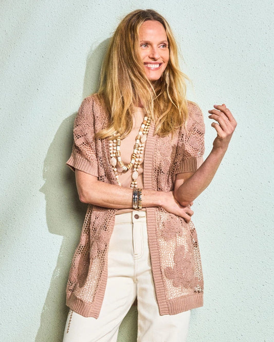 Chico's Customer Favorite - Cotton-Blend Crochet Cocoon Cardigan Mocha Mousse