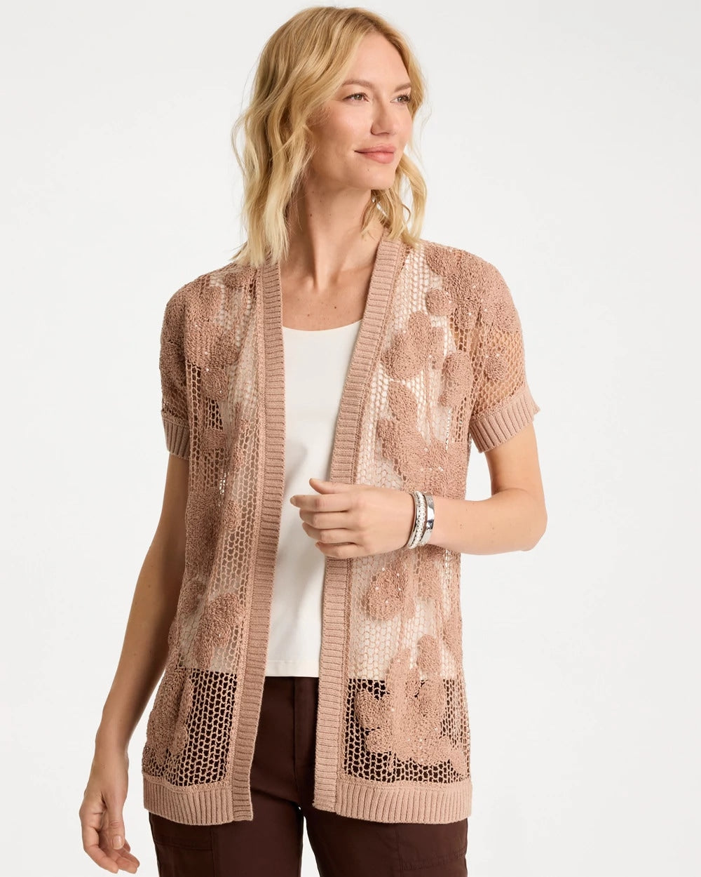 Chico's Customer Favorite - Cotton-Blend Crochet Cocoon Cardigan Mocha Mousse