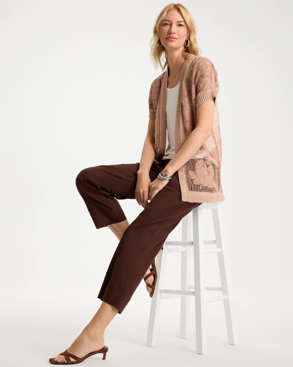 Chico's Customer Favorite - Cotton-Blend Crochet Cocoon Cardigan Mocha Mousse