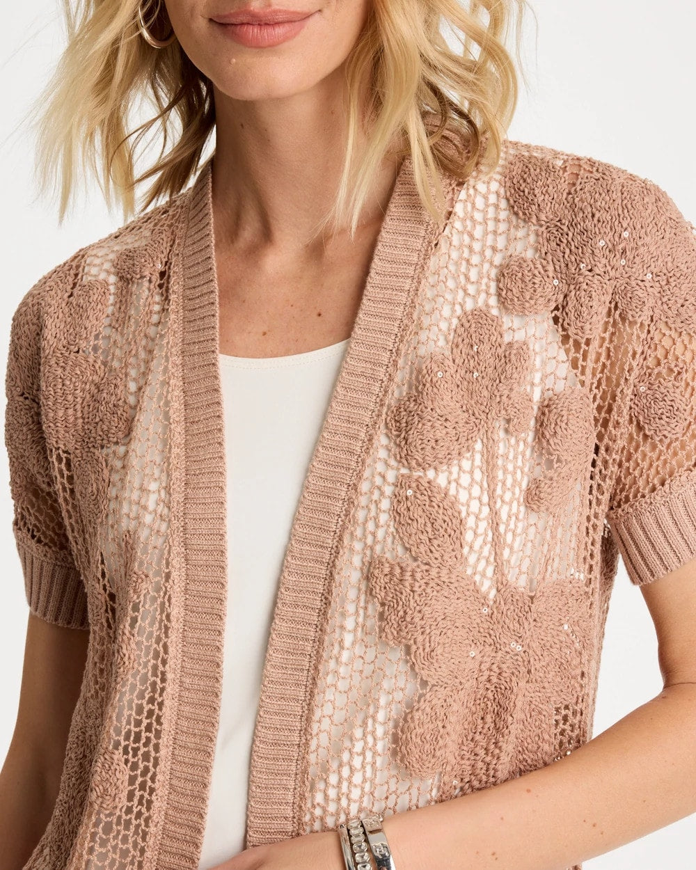 Chico's Customer Favorite - Cotton-Blend Crochet Cocoon Cardigan Mocha Mousse
