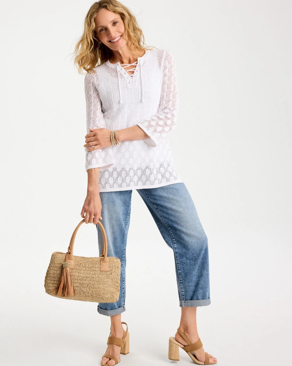 Chico's Exclusive - Cotton-Linen Lace Notch-Neck Sweater Alabaster