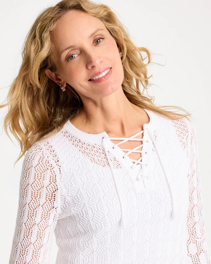 Chico's Exclusive - Cotton-Linen Lace Notch-Neck Sweater Alabaster