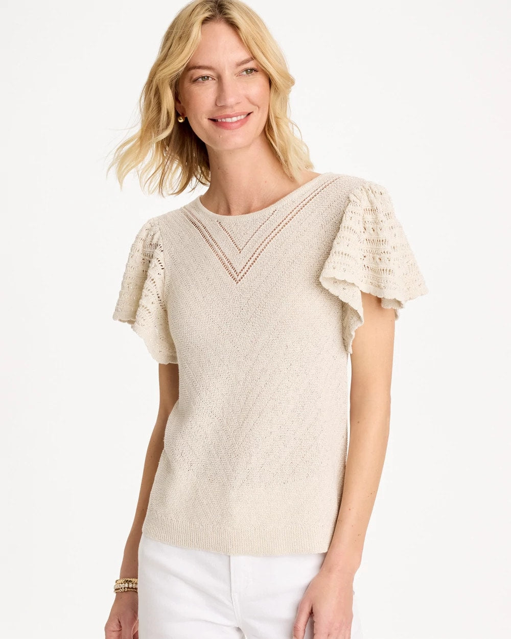 Chico's Great Value - Pointelle Metallic Flutter-Sleeve Pullover Cream