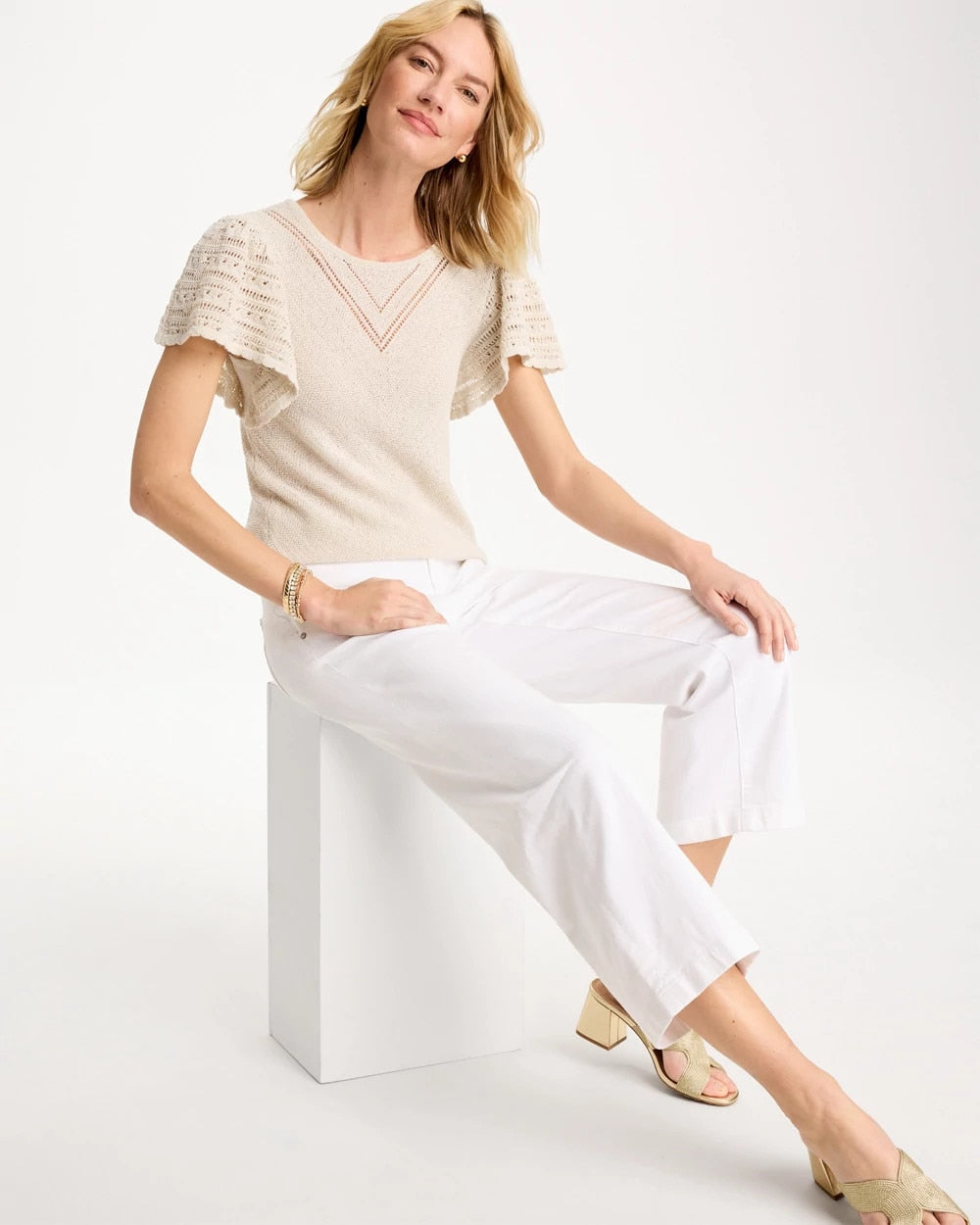 Chico's Great Value - Pointelle Metallic Flutter-Sleeve Pullover Cream