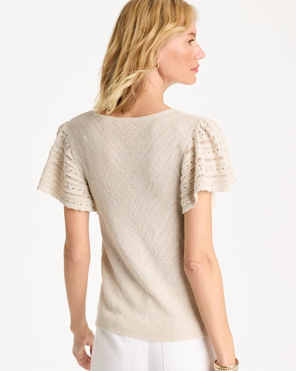Chico's Great Value - Pointelle Metallic Flutter-Sleeve Pullover Cream