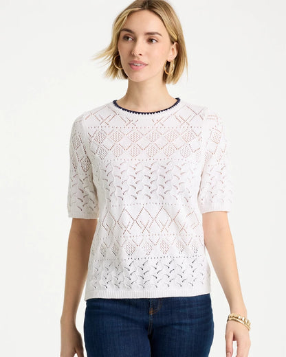 Chico's Essential - Pointelle Blanket-Stitch Pullover Sweater Alabaster