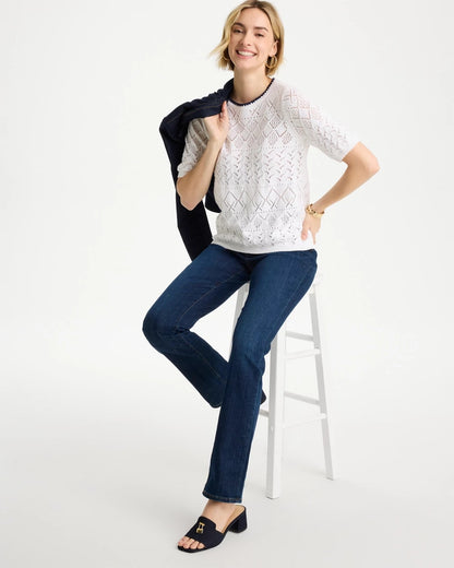 Chico's Essential - Pointelle Blanket-Stitch Pullover Sweater Alabaster