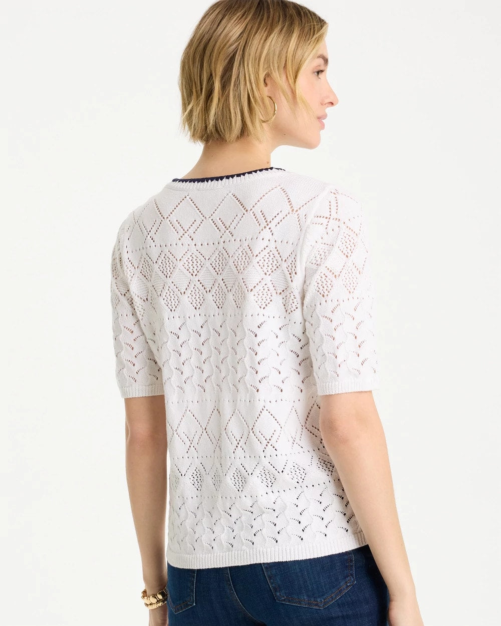 Chico's Essential - Pointelle Blanket-Stitch Pullover Sweater Alabaster