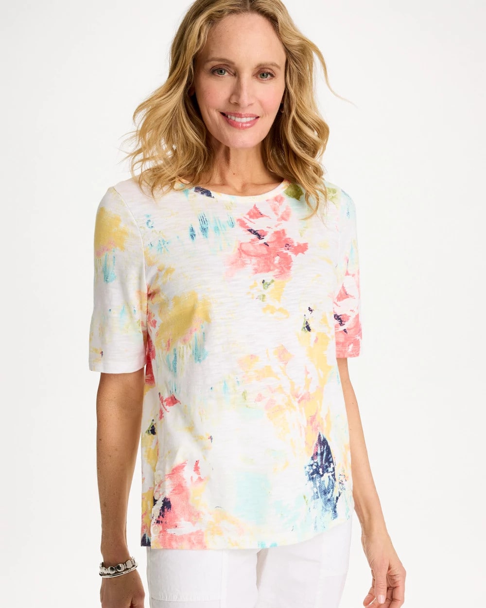 Chico's Exclusive - Cotton Slub Printed Henley Tee Bondi Blue