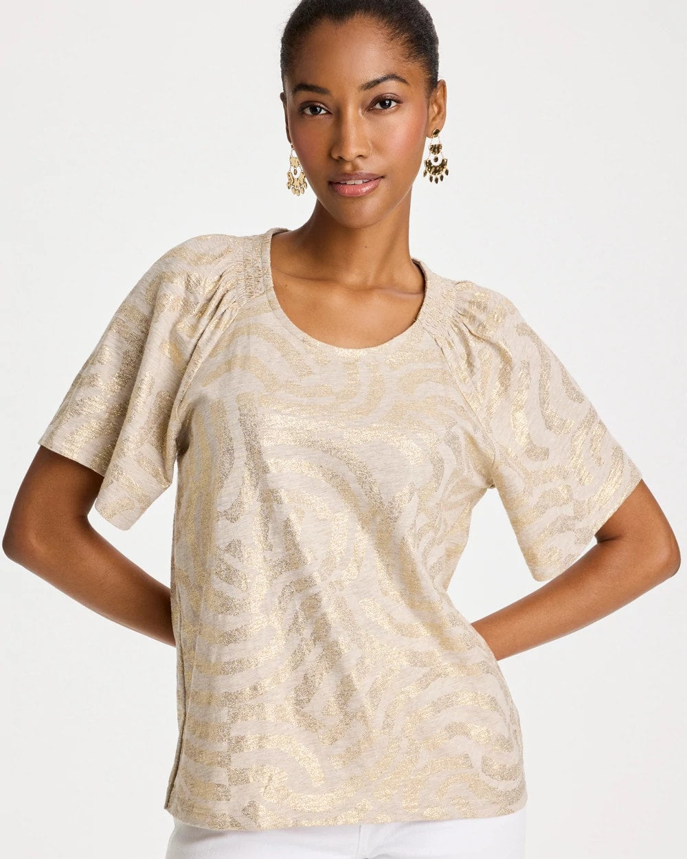 Chico's Trending - Cotton Foiled Shirred Tee Smokey Taupe