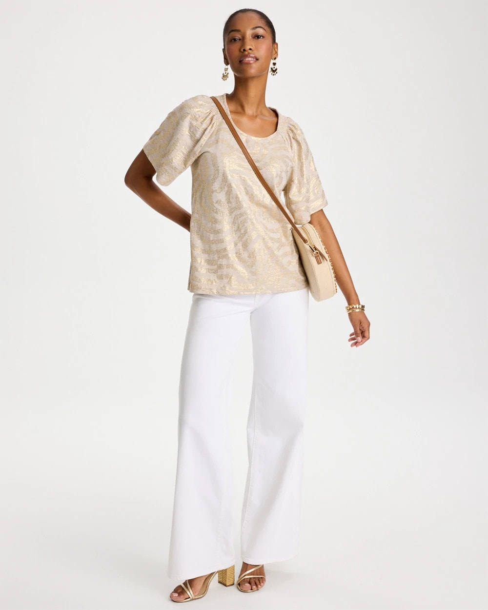 Chico's Trending - Cotton Foiled Shirred Tee Smokey Taupe