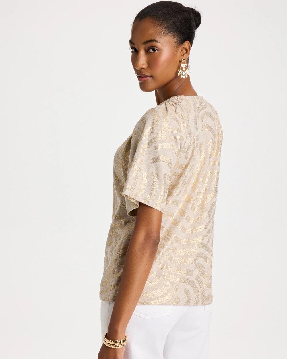 Chico's Trending - Cotton Foiled Shirred Tee Smokey Taupe