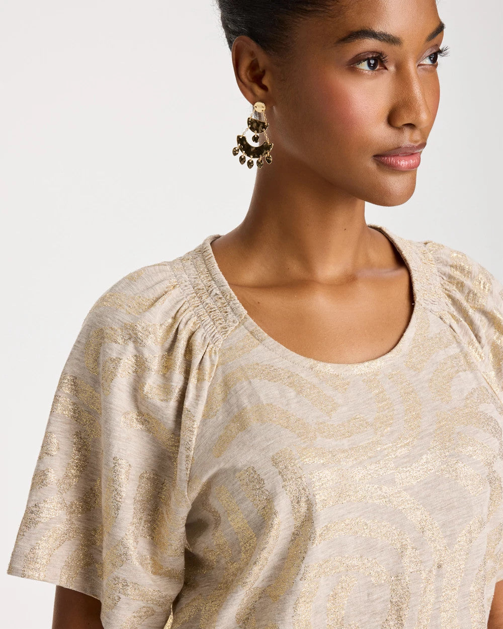 Chico's Trending - Cotton Foiled Shirred Tee Smokey Taupe