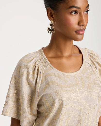 Chico's Trending - Cotton Foiled Shirred Tee Smokey Taupe