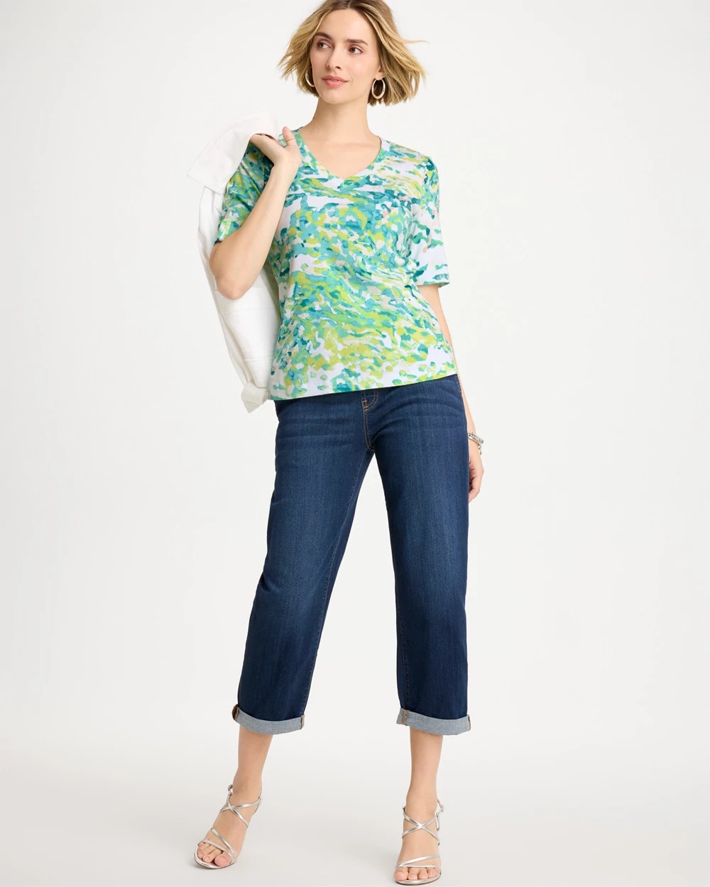 Chico's Customer Favorite - Pima Printed Elbow Sleeve Tee Bondi Blue