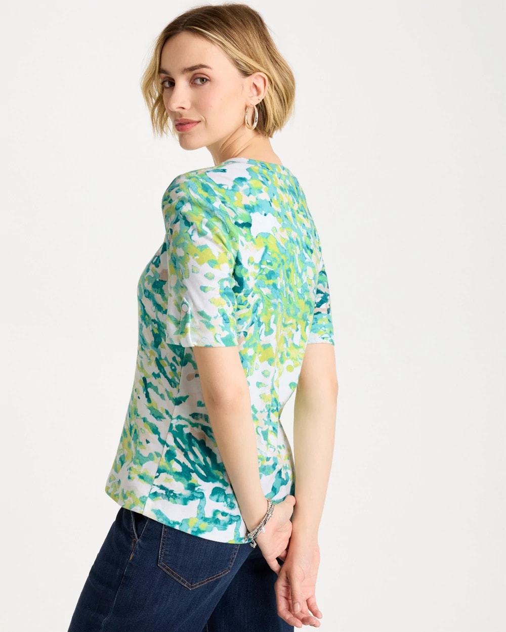 Chico's Customer Favorite - Pima Printed Elbow Sleeve Tee Bondi Blue