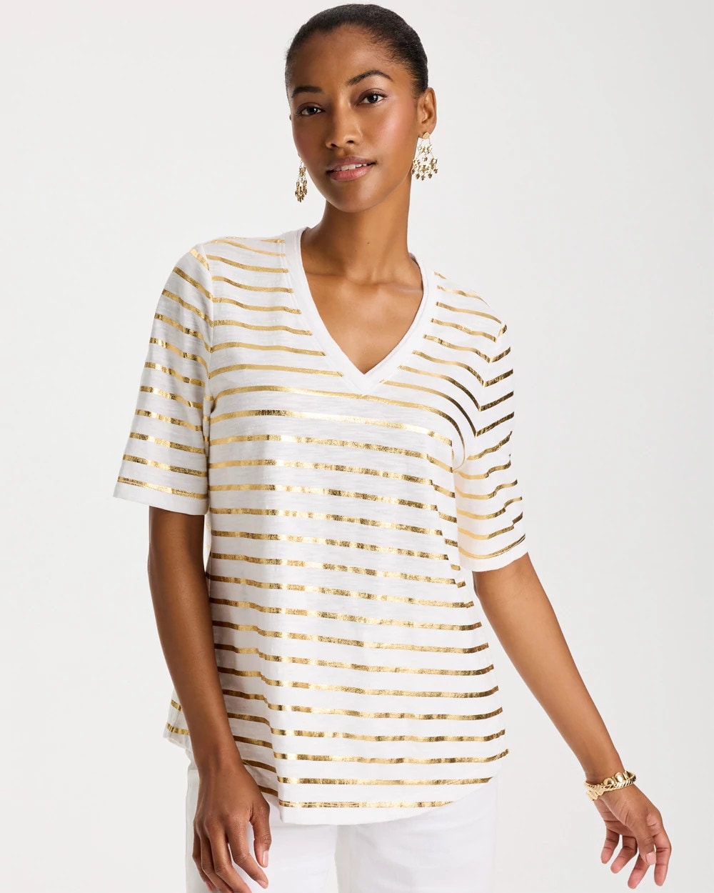 Chico's Sale - Striped Cotton Slub V-Neck Tee Alabaster