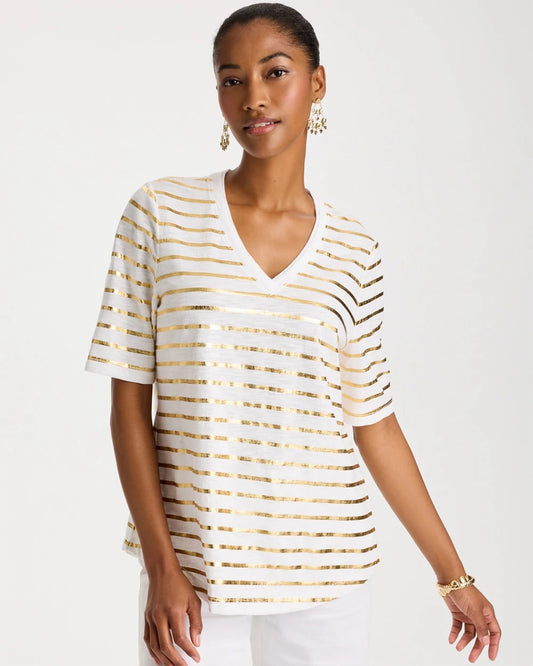 Chico's Sale - Striped Cotton Slub V-Neck Tee Alabaster