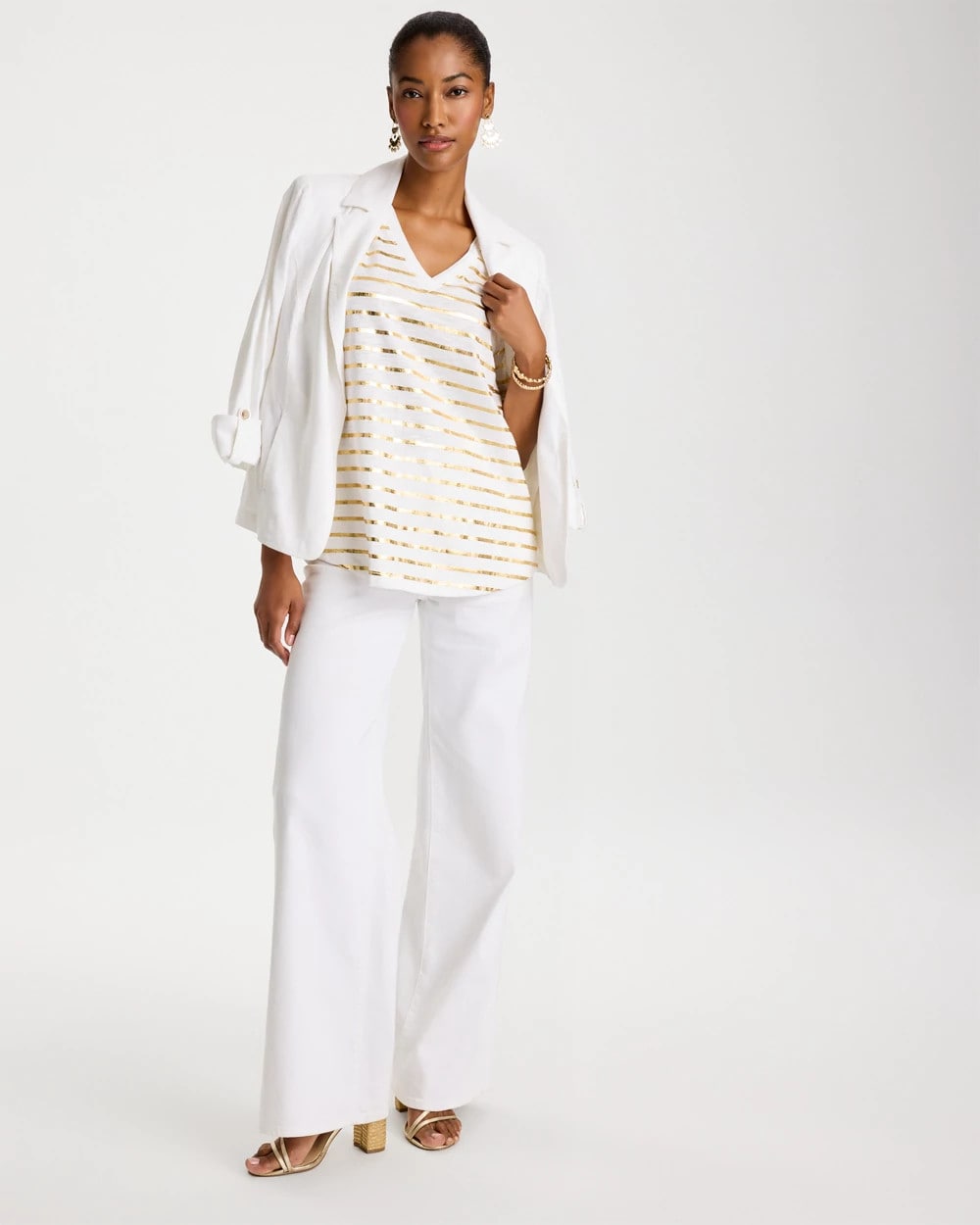 Chico's Sale - Striped Cotton Slub V-Neck Tee Alabaster