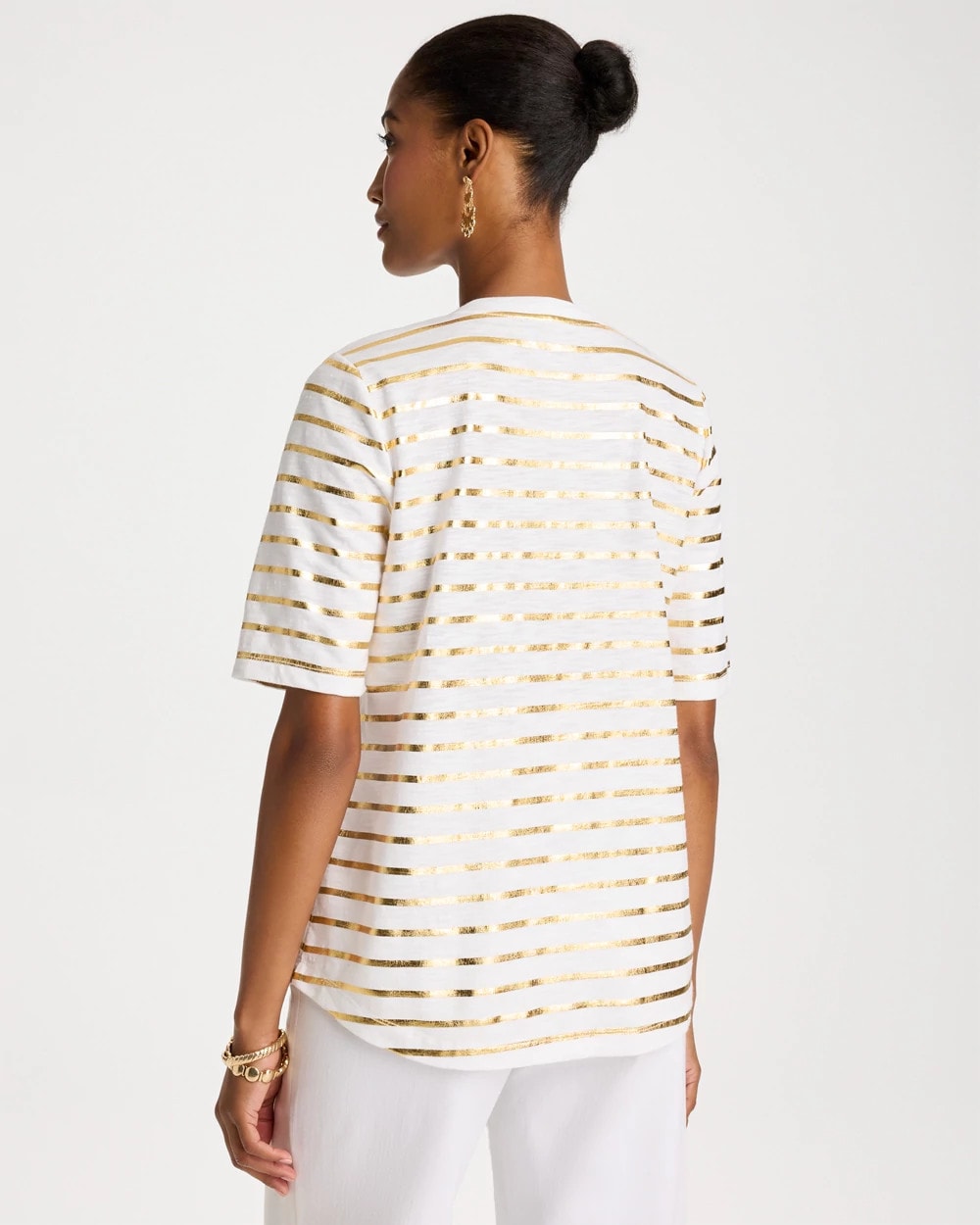 Chico's Sale - Striped Cotton Slub V-Neck Tee Alabaster