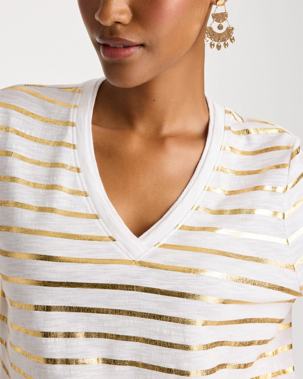Chico's Sale - Striped Cotton Slub V-Neck Tee Alabaster