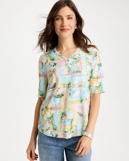 Chico's Top Pick - Limoni Dolci Cotton Slub V-Neck Tee Bondi Blue