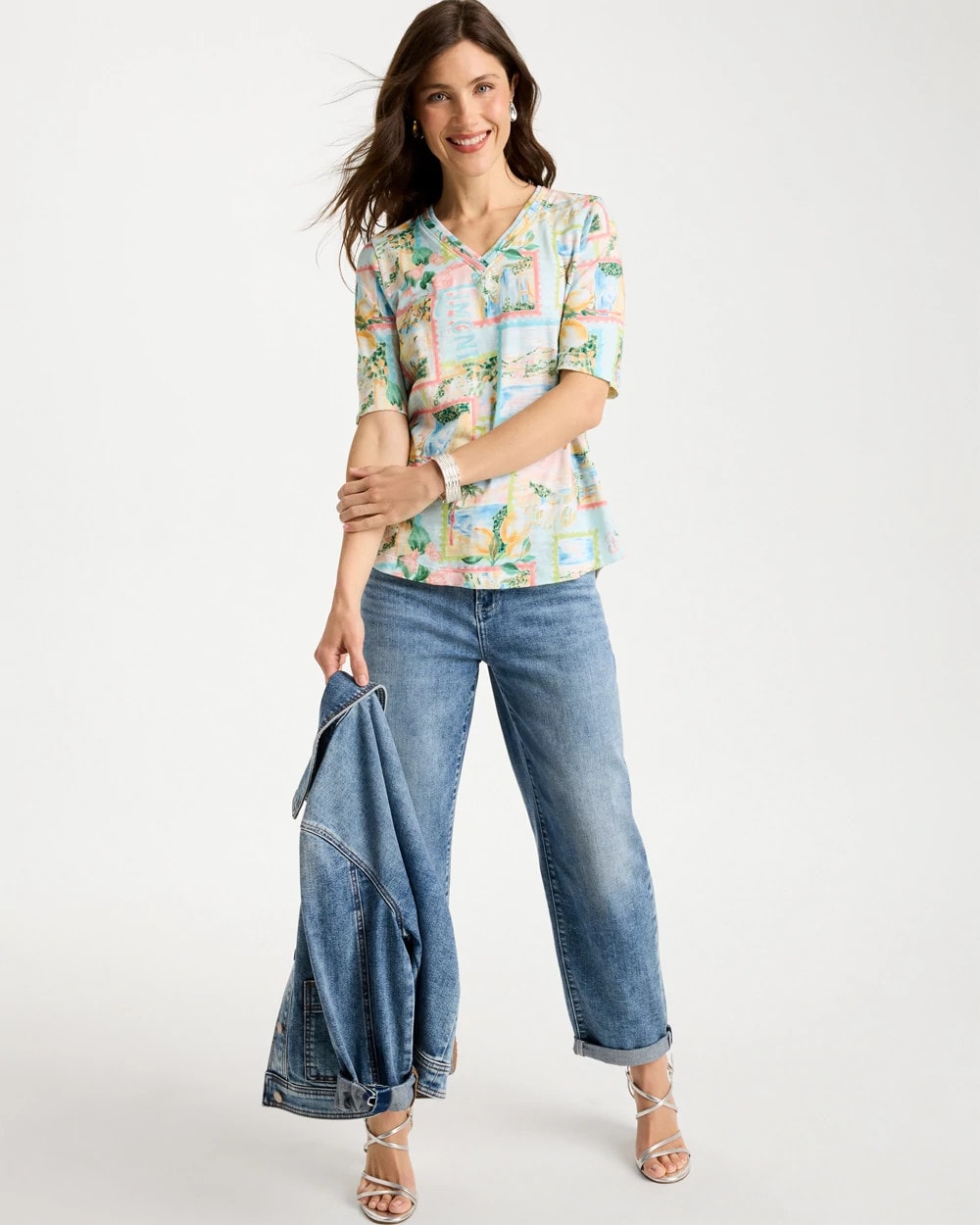 Chico's Top Pick - Limoni Dolci Cotton Slub V-Neck Tee Bondi Blue