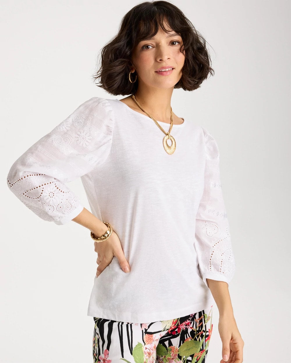 Chico's Customer Favorite - Cotton Eyelet Sleeve Tee Alabaster