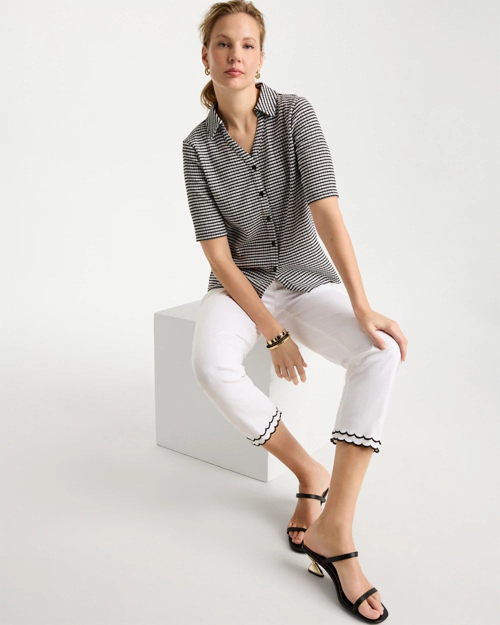 Chico's Top Pick - Gingham Textured Camp Tee Black