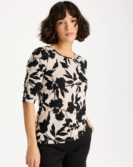 Chico's Signature - Flora Linen Ruched Sleeve Tee Black